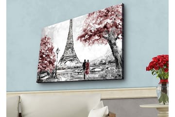 Canvastavla med LED-belysning - Romantisk scen med Eiffeltornet och blommiga träd - Röd / Svart / Grå - Inredning - Tavlor & posters - Canvastavla