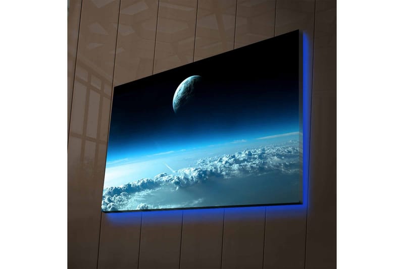 Canvastavla med LED-belysning - Rymdlandskap med en planet som svävar över moln - Mörkblå / Ljusblå / Vit - Inredning - Tavlor & posters - Canvastavla