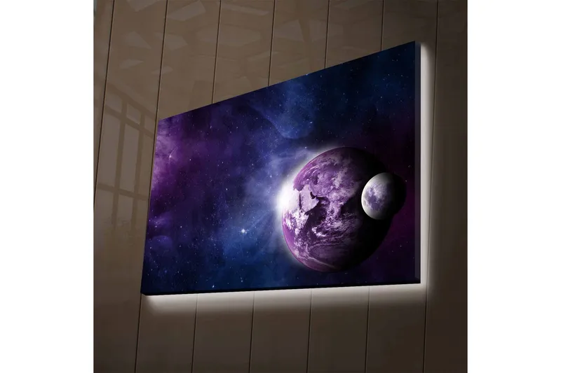 Canvastavla med LED-belysning - Rymdlandskap med planeter och stjärnor, Lila / Blå / Vit