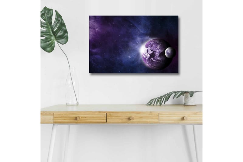 Canvastavla med LED-belysning - Rymdlandskap med planeter och stjärnor - Lila / Blå / Vit - Inredning - Tavlor & posters - Canvastavla