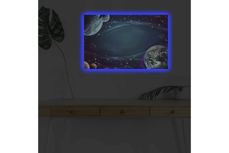 Canvastavla med LED-belysning - Rymdlandskap med planeter och stjärnor - Mörkblå / Grön / Lila - Inredning - Tavlor & posters - Canvastavla