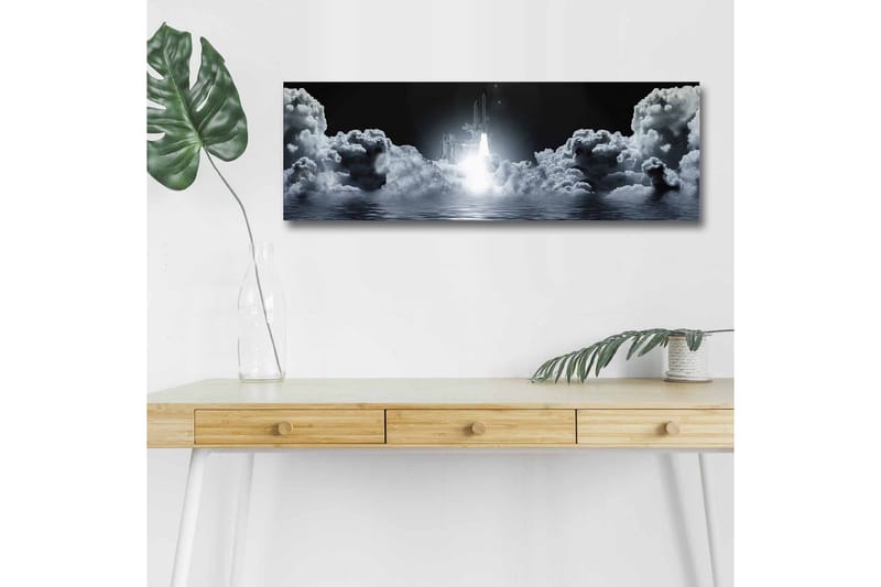Canvastavla med LED-belysning - Rymdraket som lyfter genom molnig himmel - Mörkgrå / Vit / Ljusblå - Inredning - Tavlor & posters - Canvastavla