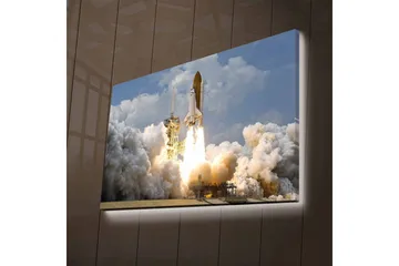 Canvastavla med LED-belysning - Rymdraket som lyfter mot himlen med kraftfulla eldsflammor - Grå / Vit / Orange - Inredning - Tavlor & posters - Canvastavla