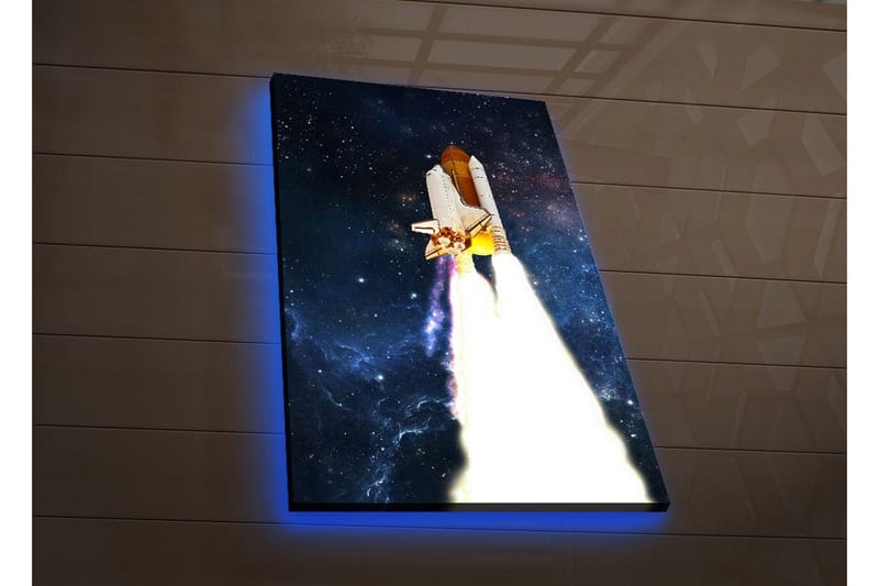 Canvastavla med LED-belysning - Rymdraket som lyfter mot stjärnorna - Mörkblå / Vit / Orange - Inredning - Tavlor & posters - Canvastavla