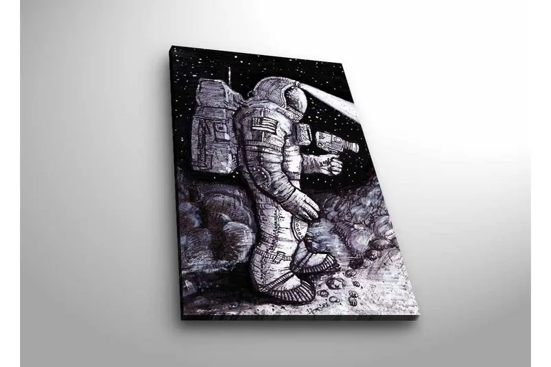 Canvastavla med LED-belysning - Rymdutforskare i en stjärnspäckad miljö, Svart / Grå / Vit