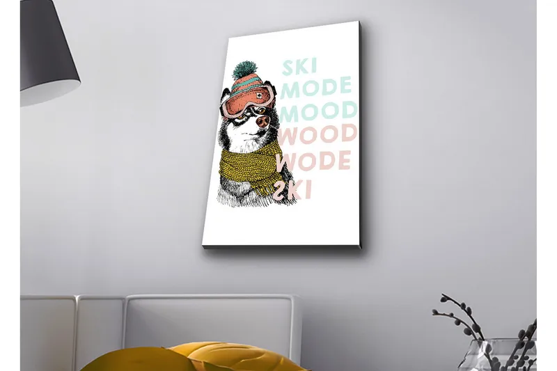 Canvastavla med LED-belysning - Söt hund med skidglasögon och halsduk, Svart / Gul / Rosa