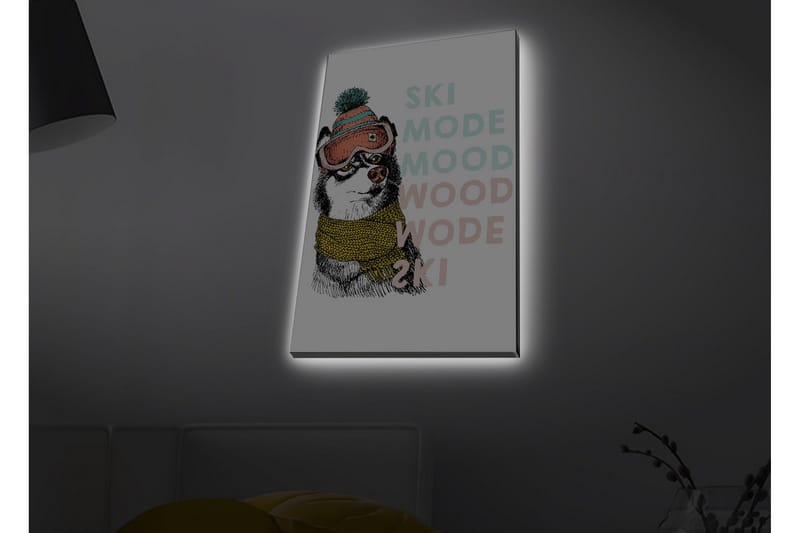 Canvastavla med LED-belysning - Söt hund med skidglasögon och halsduk - Svart / Gul / Rosa - Inredning - Tavlor & posters - Canvastavla