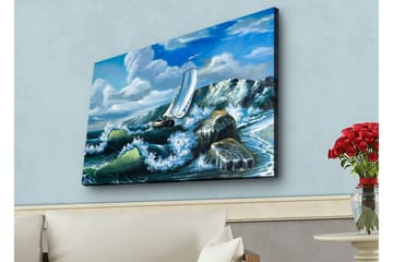 Canvastavla med LED-belysning - Segelbåt som kämpar mot kraftiga vågor - Blå / Grön / Vit - Inredning - Tavlor & posters - Canvastavla