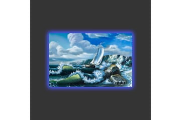 Canvastavla med LED-belysning - Segelbåt som kämpar mot kraftiga vågor - Blå / Grön / Vit - Inredning - Tavlor & posters - Canvastavla