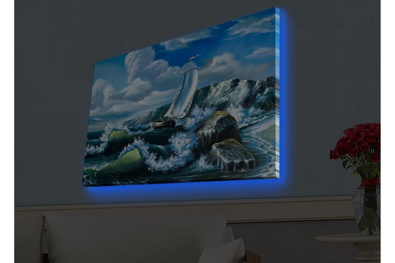 Canvastavla med LED-belysning - Segelbåt som kämpar mot kraftiga vågor - Blå / Grön / Vit - Inredning - Tavlor & posters - Canvastavla