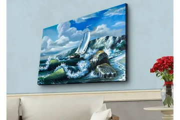 Canvastavla med LED-belysning - Segelbåt som kämpar mot kraftiga vågor - Blå / Grön / Vit - Inredning - Tavlor & posters - Canvastavla