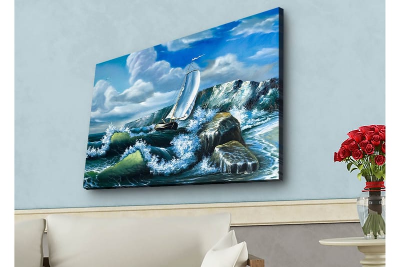 Canvastavla med LED-belysning - Segelbåt som kämpar mot kraftiga vågor - Blå / Grön / Vit - Inredning - Tavlor & posters - Canvastavla