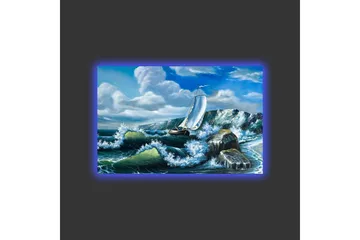 Canvastavla med LED-belysning - Segelbåt som kämpar mot kraftiga vågor - Blå / Grön / Vit - Inredning - Tavlor & posters - Canvastavla