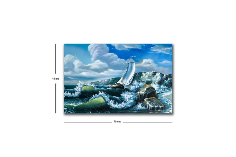 Canvastavla med LED-belysning - Segelbåt som kämpar mot kraftiga vågor - Blå / Grön / Vit - Inredning - Tavlor & posters - Canvastavla