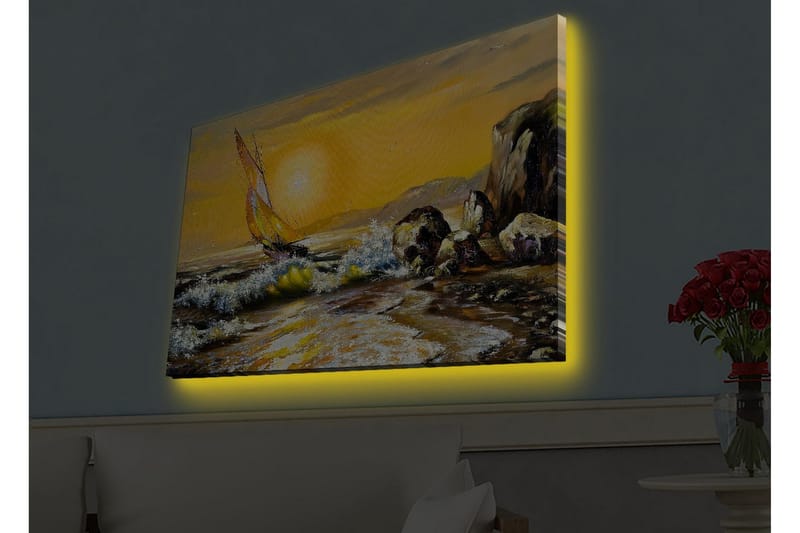 Canvastavla med LED-belysning - Segelbåt på en gyllene havshorisont - Guld / Blå / Grön - Inredning - Tavlor & posters - Canvastavla