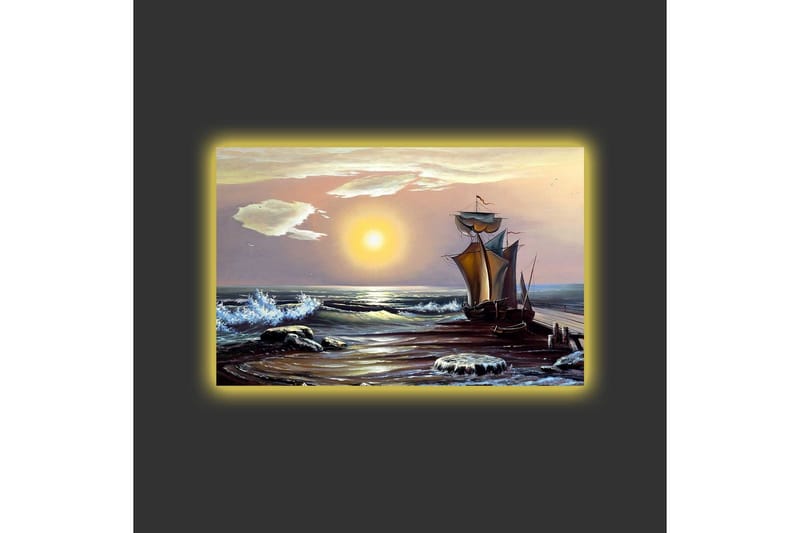 Canvastavla med LED-belysning - Segelbåt på en solig havsstrand med vågor och klippor - Blå / Orange / Brun - Inredning - Tavlor & posters - Canvastavla