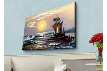 Canvastavla med LED-belysning - Segelbåt på en solig havsstrand med vågor och klippor - Blå / Orange / Brun - Inredning - Tavlor & posters - Canvastavla