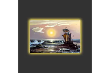 Canvastavla med LED-belysning - Segelbåt på en solig havsstrand med vågor och klippor - Blå / Orange / Brun - Inredning - Tavlor & posters - Canvastavla