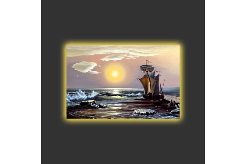 Canvastavla med LED-belysning - Segelbåt på en solig havsstrand med vågor och klippor - Blå / Orange / Brun - Inredning - Tavlor & posters - Canvastavla