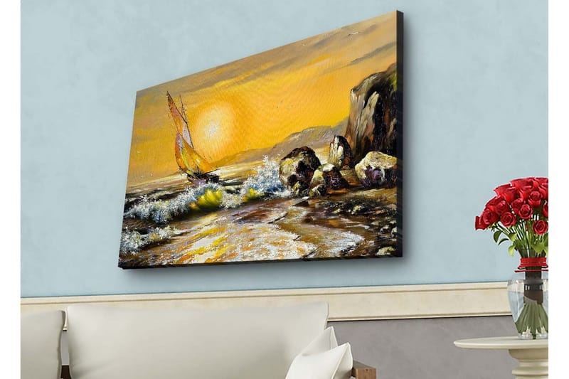 Canvastavla med LED-belysning - Segelbåt på en gyllene havshorisont - Guld / Blå / Grön - Inredning - Tavlor & posters - Canvastavla