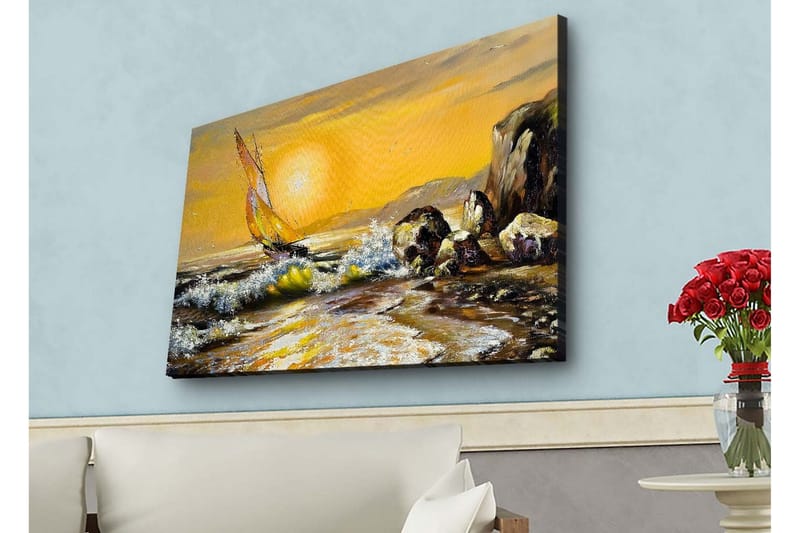 Canvastavla med LED-belysning - Segelbåt på en gyllene havshorisont - Guld / Blå / Grön - Inredning - Tavlor & posters - Canvastavla