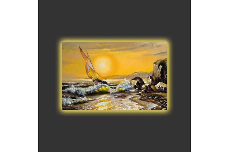 Canvastavla med LED-belysning - Segelbåt på en gyllene havshorisont - Guld / Blå / Grön - Inredning - Tavlor & posters - Canvastavla