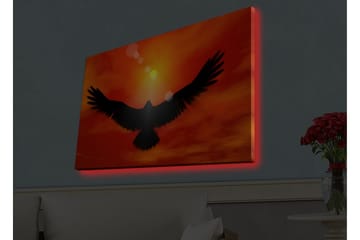 Canvastavla med LED-belysning - Silhuett av en örn som flyger mot en solnedgång i starka färger - Röd / Svart / Orange - Inredning - Tavlor & posters - Canvastavla