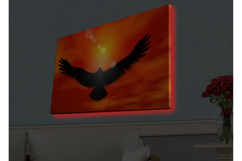 Canvastavla med LED-belysning - Silhuett av en örn som flyger mot en solnedgång i starka färger - Röd / Svart / Orange - Inredning - Tavlor & posters - Canvastavla