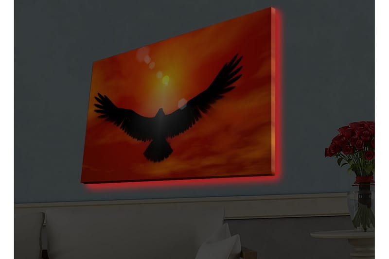 Canvastavla med LED-belysning - Silhuett av en örn som flyger mot en solnedgång i starka färger - Röd / Svart / Orange - Inredning - Tavlor & posters - Canvastavla