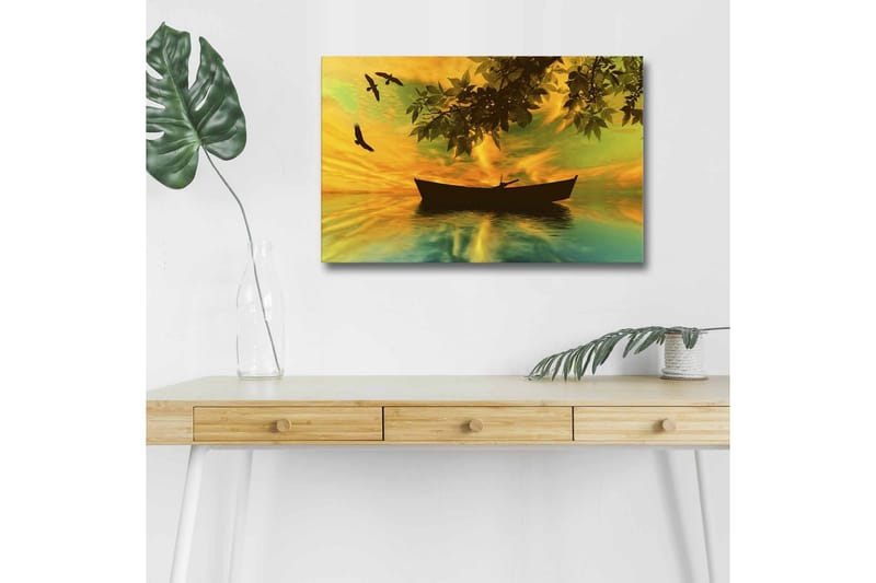Canvastavla med LED-belysning - Silhuett av en båt på spegelblanka vatten med en färgsprakande solnedgång - Gult / Grönt / Svart - Inredning - Tavlor & posters - Canvastavla