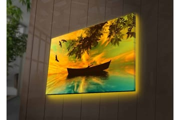 Canvastavla med LED-belysning - Silhuett av en båt på spegelblanka vatten med en färgsprakande solnedgång - Gult / Grönt / Svart - Inredning - Tavlor & posters - Canvastavla
