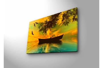 Canvastavla med LED-belysning - Silhuett av en båt på spegelblanka vatten med en färgsprakande solnedgång - Gult / Grönt / Svart - Inredning - Tavlor & posters - Canvastavla