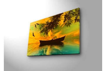 Canvastavla med LED-belysning - Silhuett av en båt på spegelblanka vatten med en färgsprakande solnedgång - Gult / Grönt / Svart - Inredning - Tavlor & posters - Canvastavla