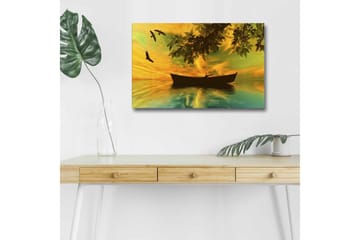 Canvastavla med LED-belysning - Silhuett av en båt på spegelblanka vatten med en färgsprakande solnedgång - Gult / Grönt / Svart - Inredning - Tavlor & posters - Canvastavla