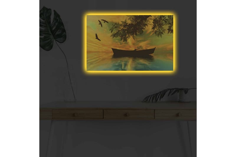 Canvastavla med LED-belysning - Silhuett av en båt på spegelblanka vatten med en färgsprakande solnedgång - Gult / Grönt / Svart - Inredning - Tavlor & posters - Canvastavla