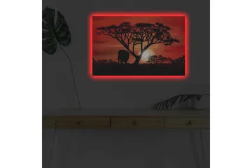 Canvastavla med LED-belysning - Silhuett av ett träd med en elefant i solnedgångens ljus - Röd / Svart / Orange - Inredning - Tavlor & posters - Canvastavla