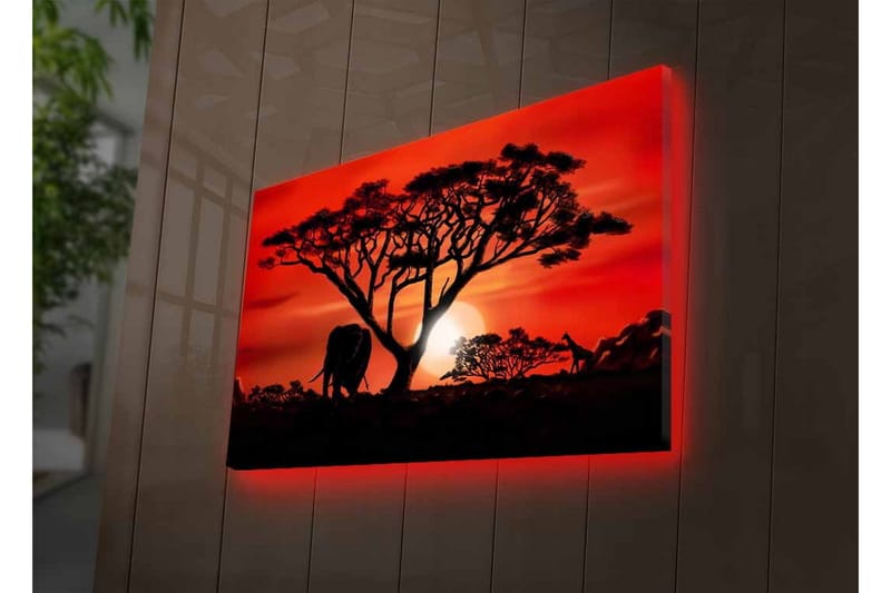 Canvastavla med LED-belysning - Silhuett av ett träd med en elefant i solnedgångens ljus - Röd / Svart / Orange - Inredning - Tavlor & posters - Canvastavla