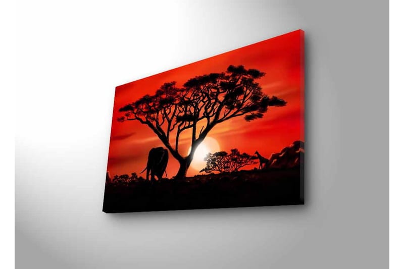 Canvastavla med LED-belysning - Silhuett av ett träd med en elefant i solnedgångens ljus - Röd / Svart / Orange - Inredning - Tavlor & posters - Canvastavla