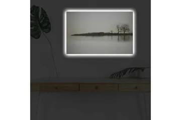 Canvastavla med LED-belysning - Silhuett av träd vid en stilla sjö i gråtoner - Grå / Svart - Inredning - Tavlor & posters - Canvastavla