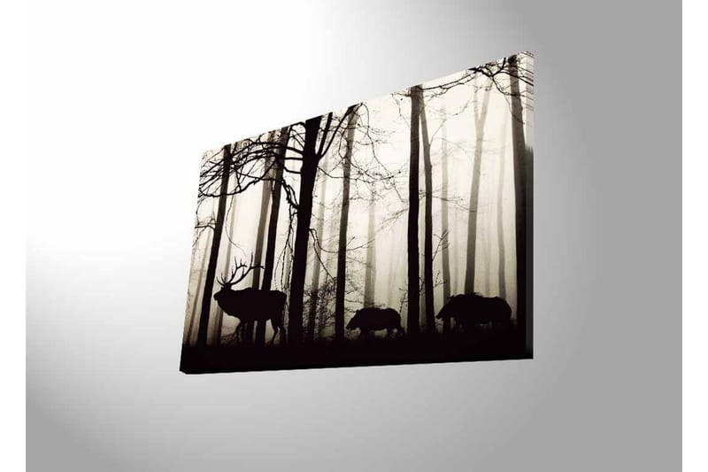 Canvastavla med LED-belysning - Silhuetter av hjort och vildsvin i en dimmig skogsmiljö - Svart / Grå / Vit - Inredning - Tavlor & posters - Canvastavla