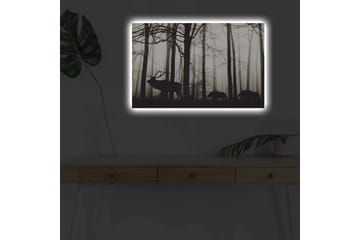Canvastavla med LED-belysning - Silhuetter av hjort och vildsvin i en dimmig skogsmiljö - Svart / Grå / Vit - Inredning - Tavlor & posters - Canvastavla