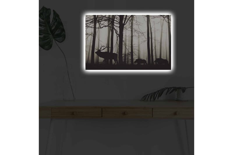 Canvastavla med LED-belysning - Silhuetter av hjort och vildsvin i en dimmig skogsmiljö - Svart / Grå / Vit - Inredning - Tavlor & posters - Canvastavla