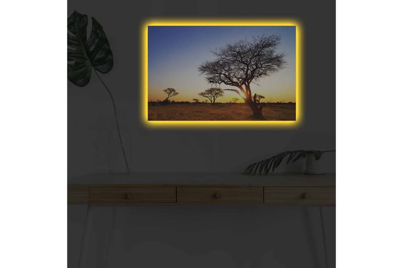 Canvastavla med LED-belysning - Silhuetter av träd mot en solnedgång i savannen - Guld / Blå / Svart - Inredning - Tavlor & posters - Canvastavla