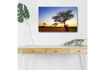 Canvastavla med LED-belysning - Silhuetter av träd mot en solnedgång i savannen - Guld / Blå / Svart - Inredning - Tavlor & posters - Canvastavla