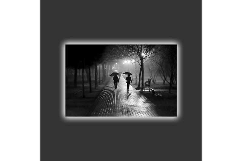 Canvastavla med LED-belysning - Silhuetter av två personer med paraplyer på en regnig gata - Svart / Grå - Inredning - Tavlor & posters - Canvastavla