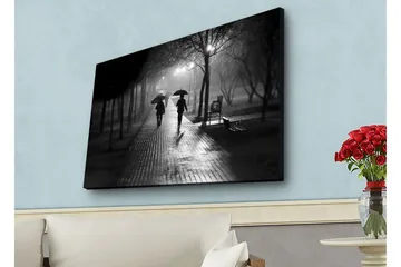 Canvastavla med LED-belysning - Silhuetter av två personer med paraplyer på en regnig gata - Svart / Grå - Inredning - Tavlor & posters - Canvastavla