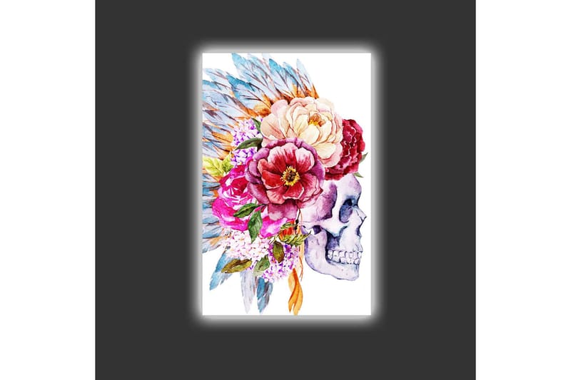 Canvastavla med LED-belysning - Skalle dekorerad med färgglada blommor och fjädrar - Lila / Rosa / Grönt - Inredning - Tavlor & posters - Canvastavla