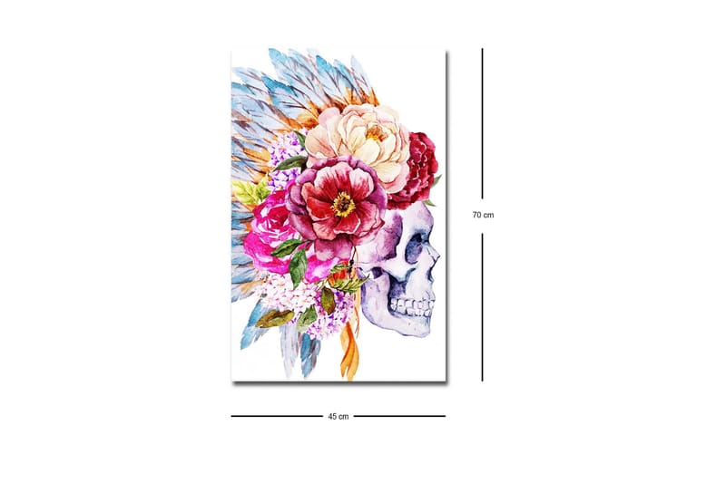 Canvastavla med LED-belysning - Skalle dekorerad med färgglada blommor och fjädrar - Lila / Rosa / Grönt - Inredning - Tavlor & posters - Canvastavla