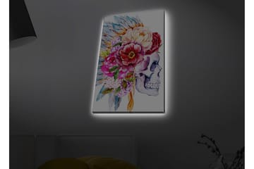 Canvastavla med LED-belysning - Skalle dekorerad med färgglada blommor och fjädrar - Lila / Rosa / Grönt - Inredning - Tavlor & posters - Canvastavla