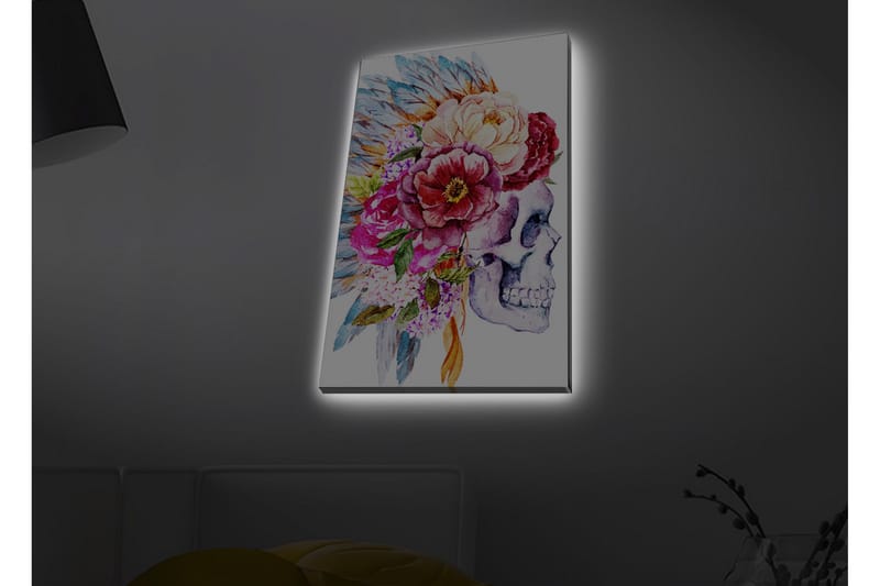 Canvastavla med LED-belysning - Skalle dekorerad med färgglada blommor och fjädrar - Lila / Rosa / Grönt - Inredning - Tavlor & posters - Canvastavla